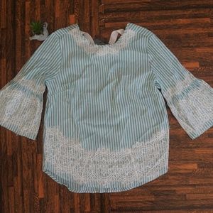 Grand and Greene Striped Lace Belle Sleeve Blouse